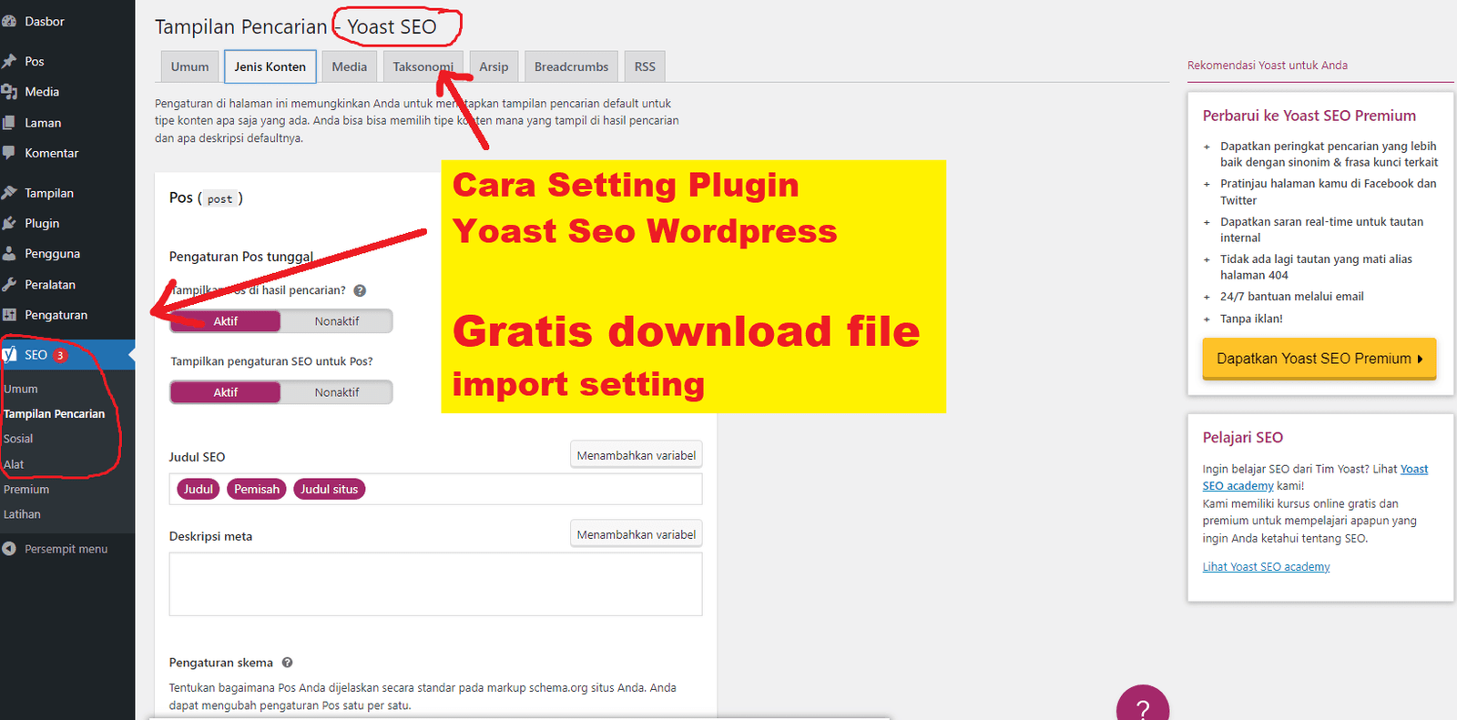 cara setting plugin yoast seo wordpress, free download file setting import